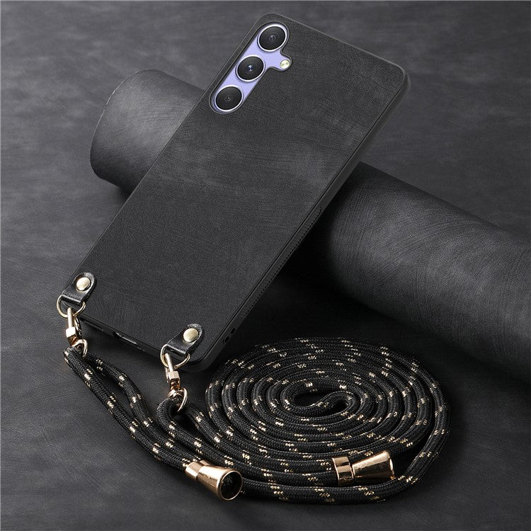 För Samsung Galaxy A36 5G Fodral Retro Texture Läderbelagd PC + TPU telefonskal med hängrep