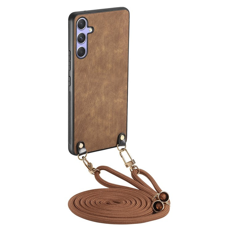 För Samsung Galaxy A36 5G Fodral Retro Texture Läderbelagd PC + TPU telefonskal med hängrep