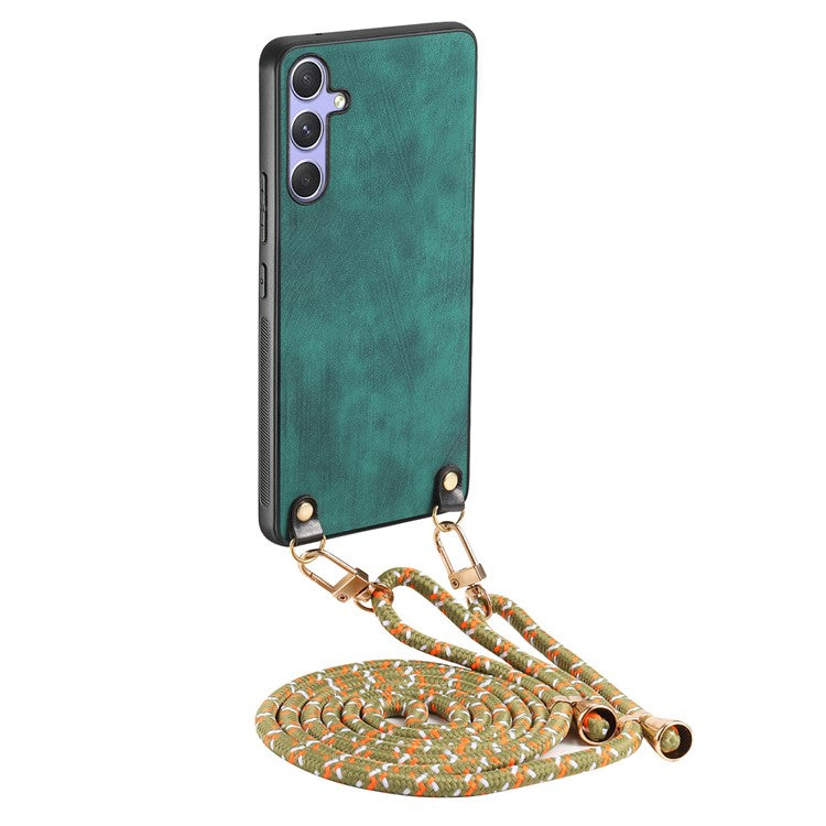 För Samsung Galaxy A36 5G Fodral Retro Texture Läderbelagd PC + TPU telefonskal med hängrep