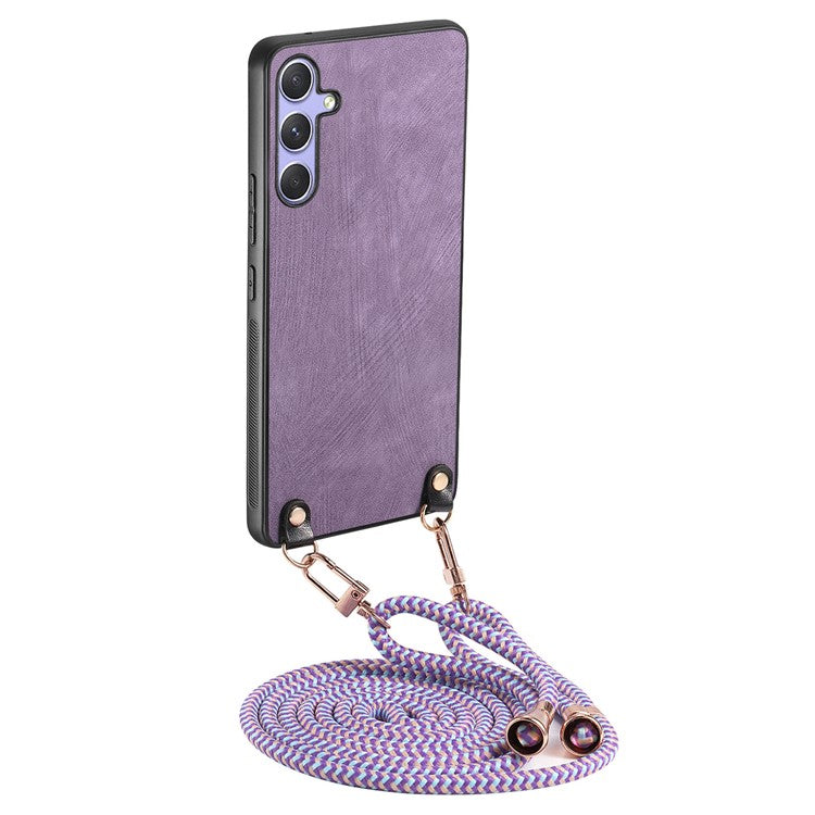 För Samsung Galaxy A36 5G Fodral Retro Texture Läderbelagd PC + TPU telefonskal med hängrep