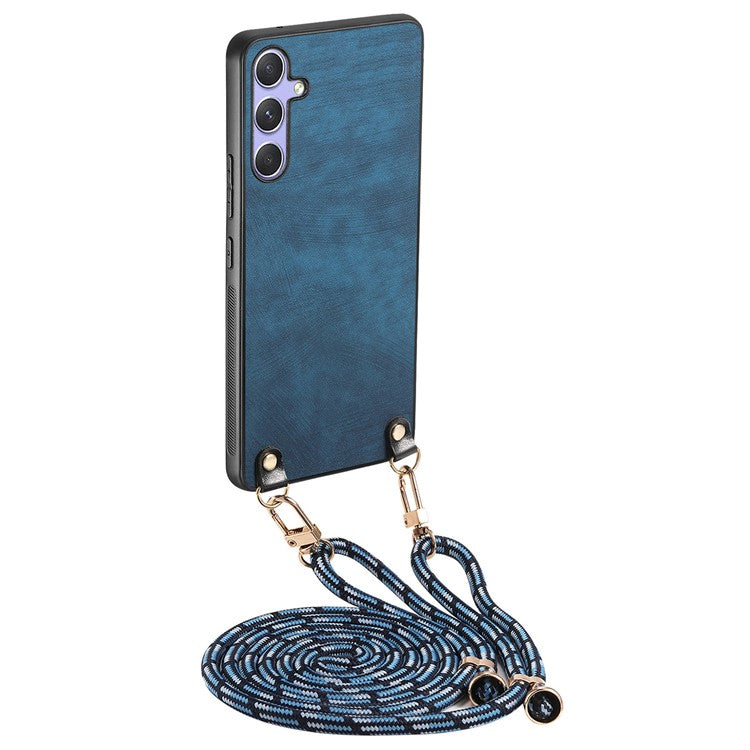 För Samsung Galaxy A36 5G Fodral Retro Texture Läderbelagd PC + TPU telefonskal med hängrep