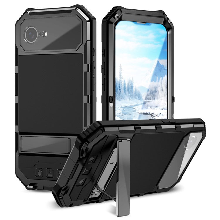 R-JUST För iPhone 16e Fodral PC + Silikon + Metall Kickstand Telefonskydd med härdat glas