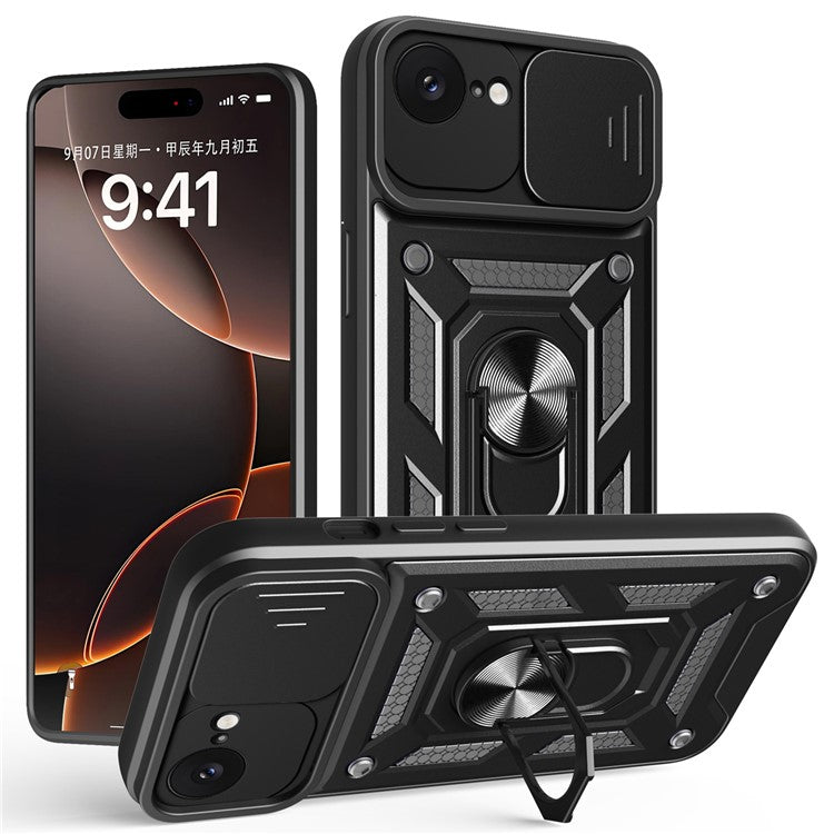 För iPhone 16e Fodral med skjutkameralock PC + TPU Kickstand