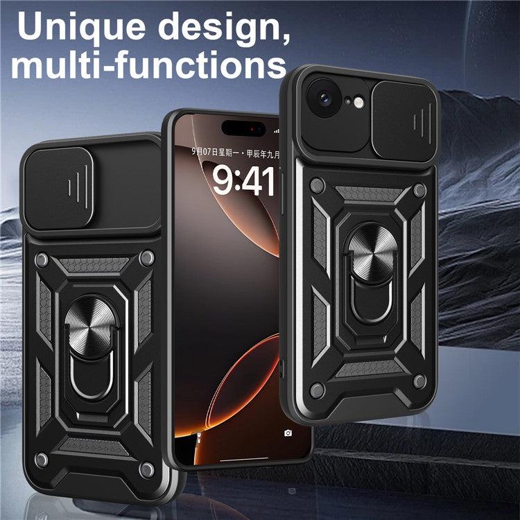 För iPhone 16e Fodral med skjutkameralock PC + TPU Kickstand