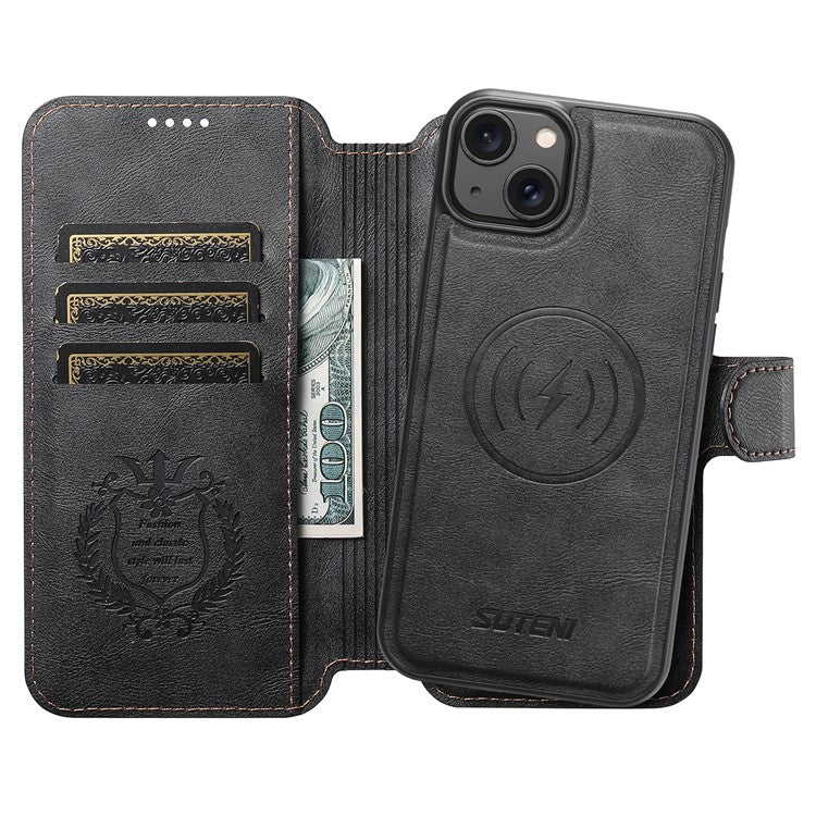 SUTENI Q-05 För iPhone 15 Plus / 14 Plånboksfodral 2 i 1 Avtagbart läder Flip-telefonfodral med stativ