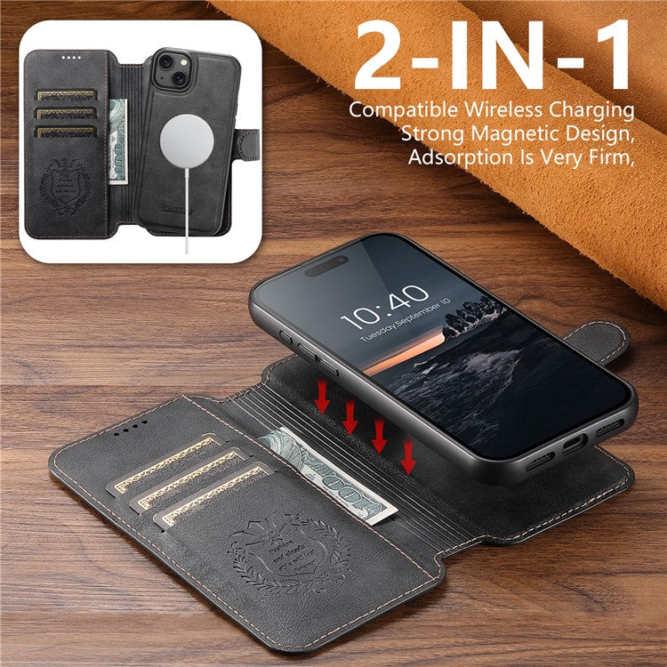SUTENI Q-05 För iPhone 15 Plus / 14 Plånboksfodral 2 i 1 Avtagbart läder Flip-telefonfodral med stativ