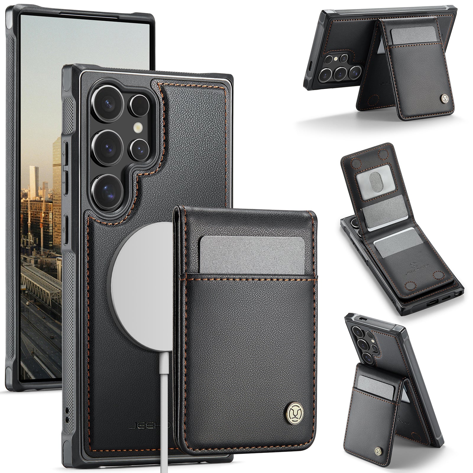 For Samsung Galaxy S23 Ultra Leather Back Cover Compatible with MagSafe JEEHOOD J06 Phone Case with Card Bag RFID Blocking