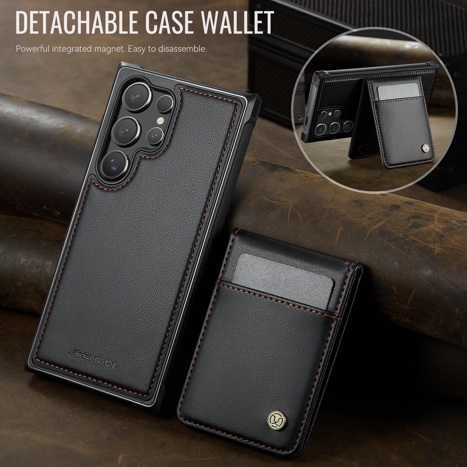 For Samsung Galaxy S23 Ultra Leather Back Cover Compatible with MagSafe JEEHOOD J06 Phone Case with Card Bag RFID Blocking