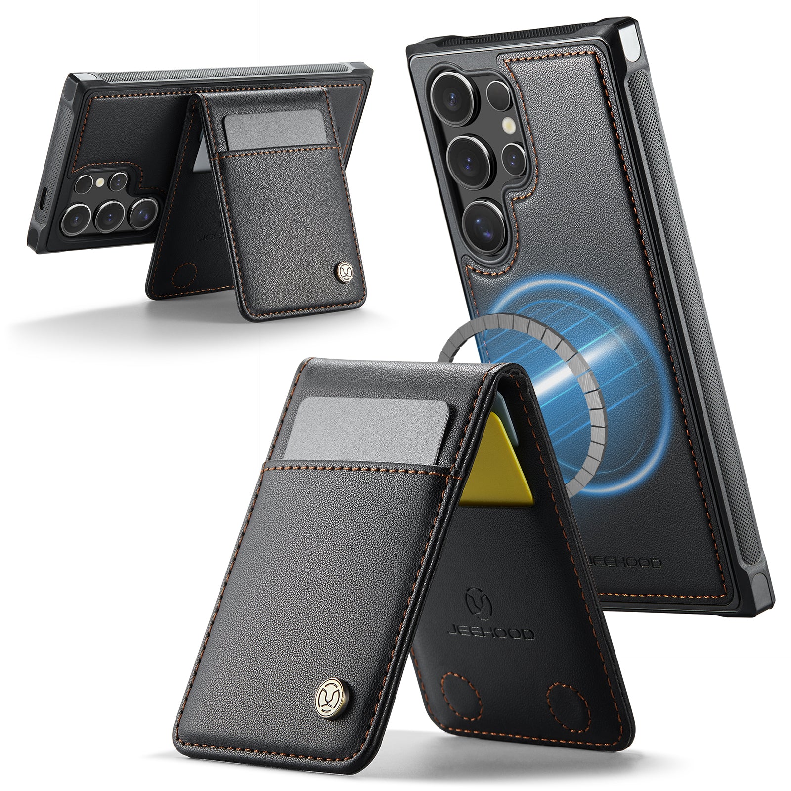 For Samsung Galaxy S23 Ultra Leather Back Cover Compatible with MagSafe JEEHOOD J06 Phone Case with Card Bag RFID Blocking