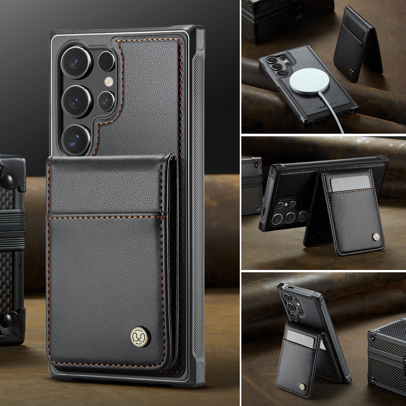 For Samsung Galaxy S23 Ultra Leather Back Cover Compatible with MagSafe JEEHOOD J06 Phone Case with Card Bag RFID Blocking