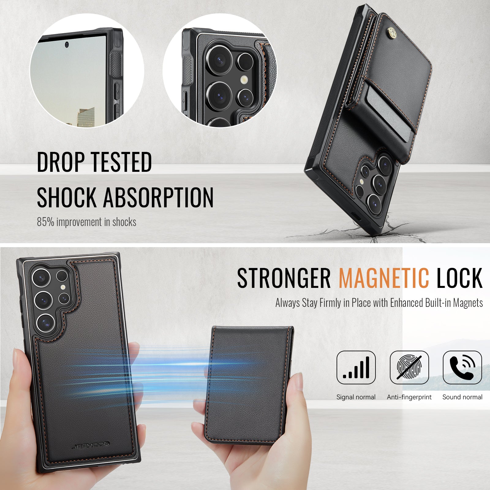 For Samsung Galaxy S23 Ultra Leather Back Cover Compatible with MagSafe JEEHOOD J06 Phone Case with Card Bag RFID Blocking