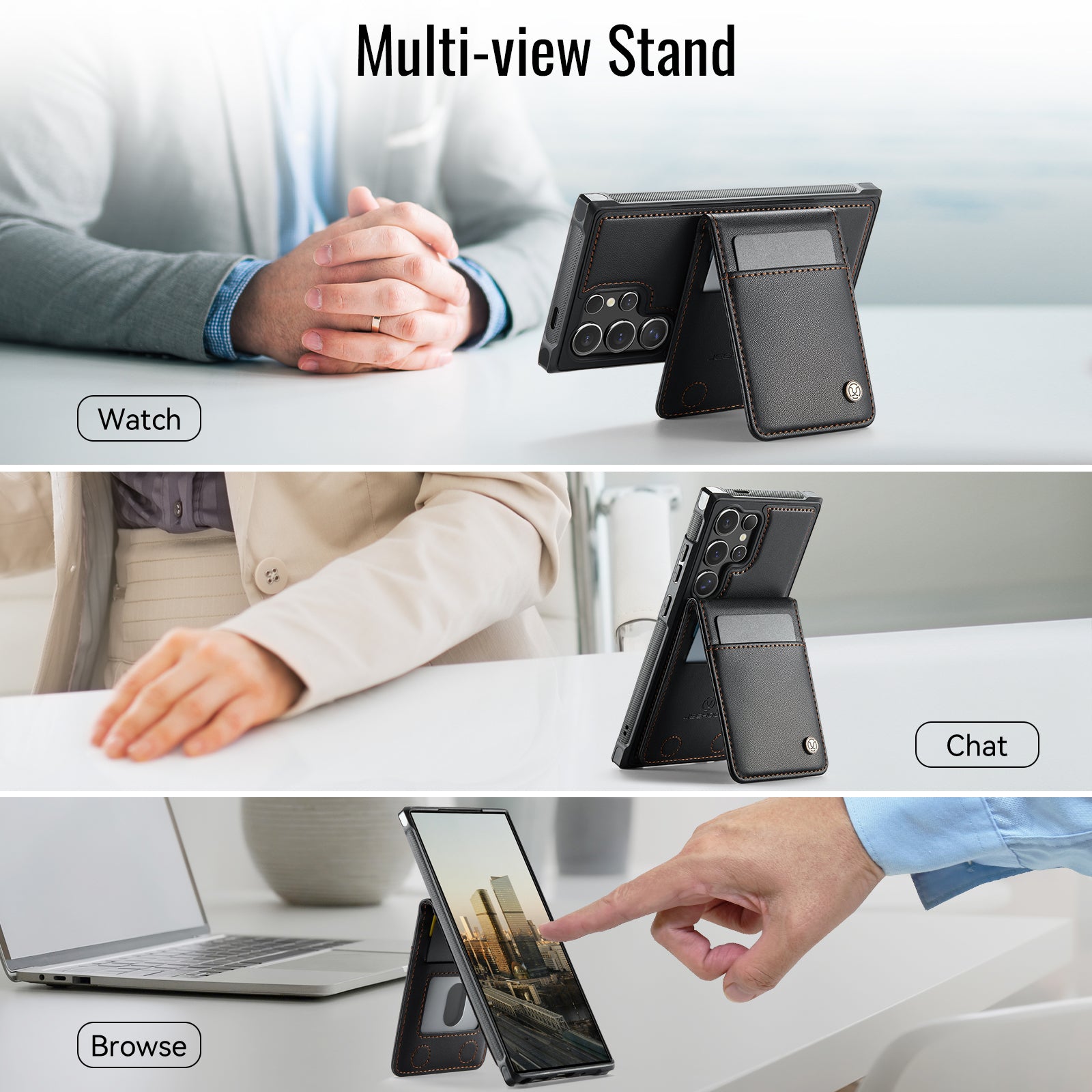 For Samsung Galaxy S23 Ultra Leather Back Cover Compatible with MagSafe JEEHOOD J06 Phone Case with Card Bag RFID Blocking