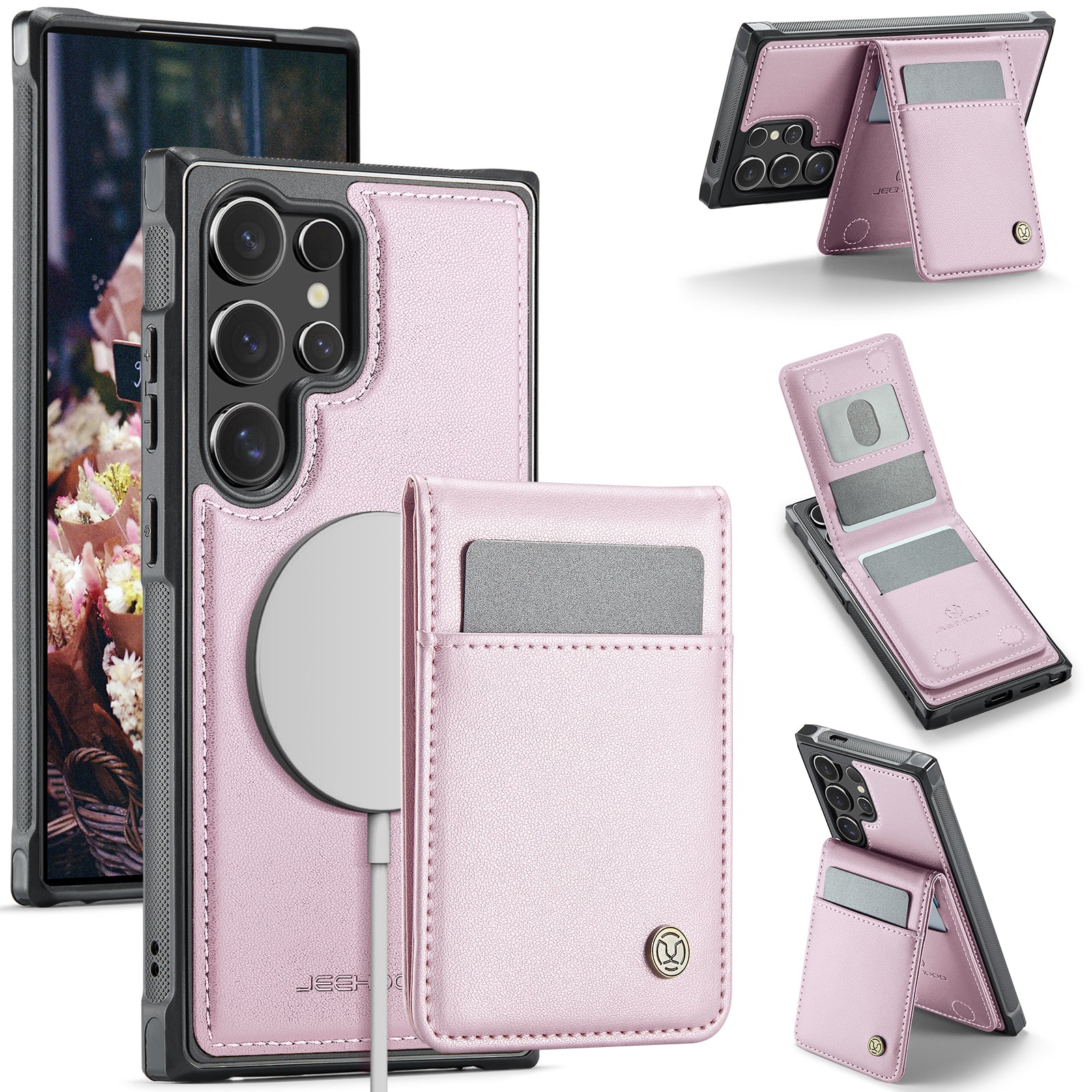 For Samsung Galaxy S23 Ultra Leather Back Cover Compatible with MagSafe JEEHOOD J06 Phone Case with Card Bag RFID Blocking