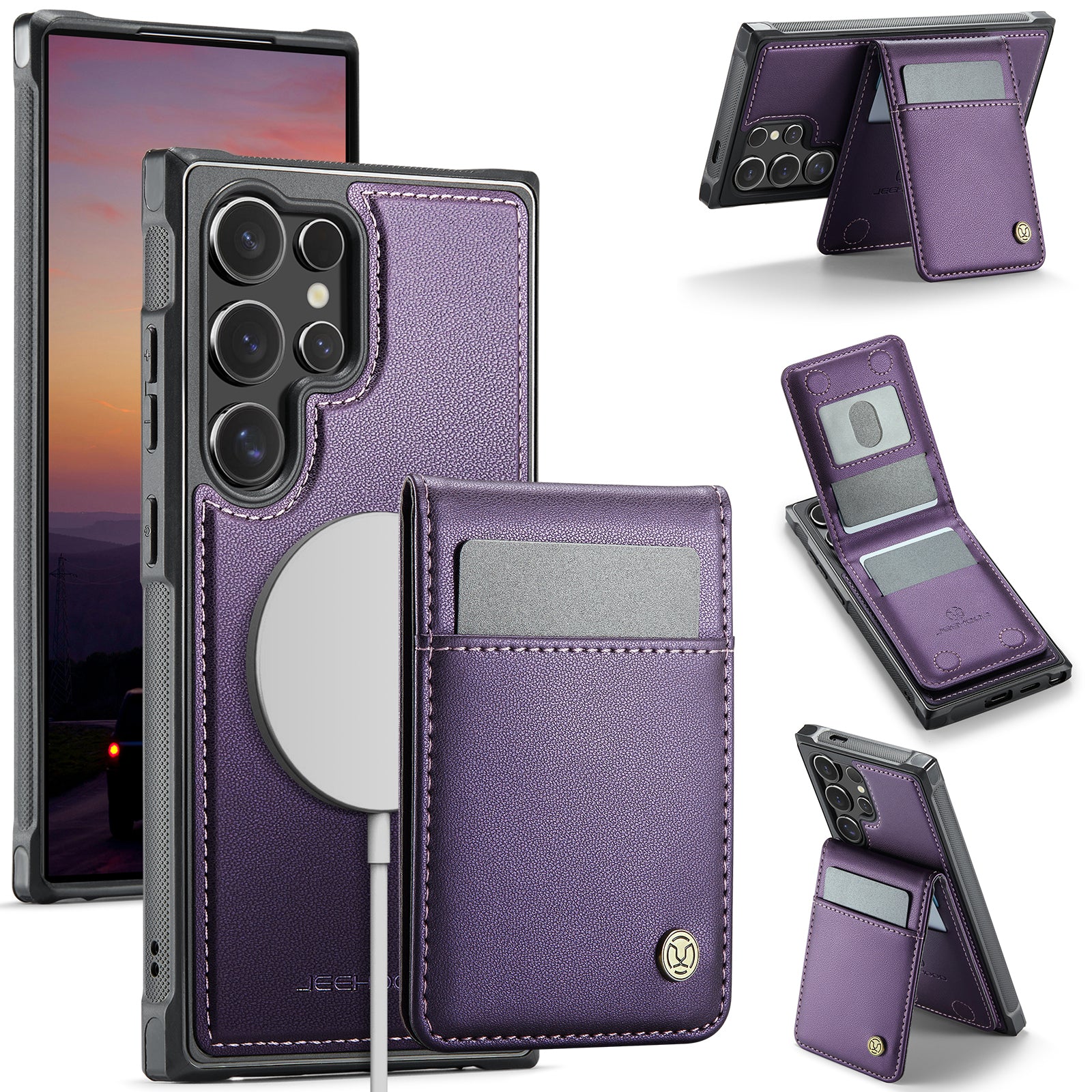 For Samsung Galaxy S23 Ultra Leather Back Cover Compatible with MagSafe JEEHOOD J06 Phone Case with Card Bag RFID Blocking