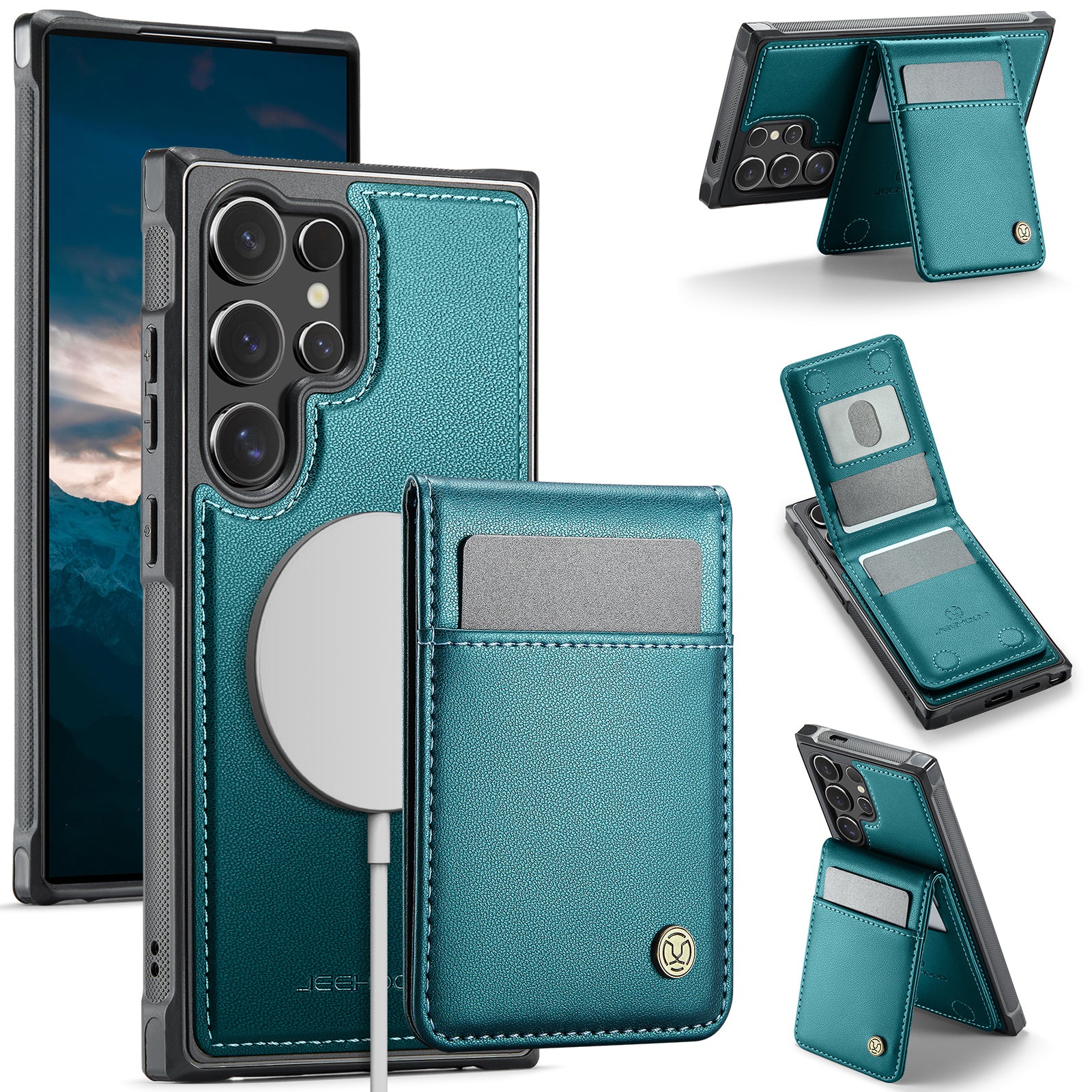 For Samsung Galaxy S23 Ultra Leather Back Cover Compatible with MagSafe JEEHOOD J06 Phone Case with Card Bag RFID Blocking