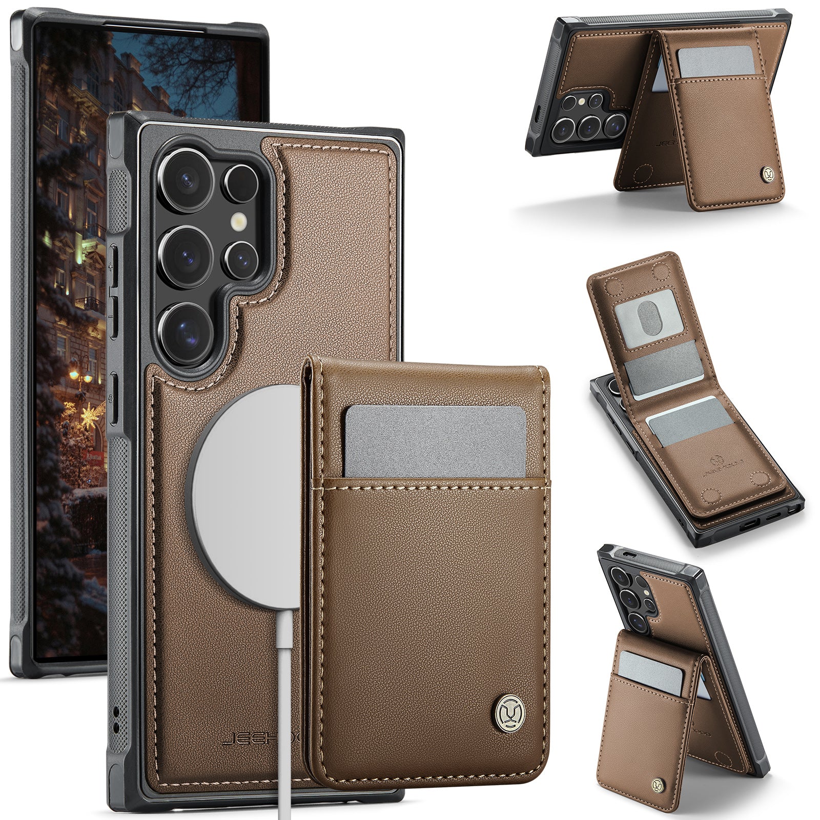 For Samsung Galaxy S23 Ultra Leather Back Cover Compatible with MagSafe JEEHOOD J06 Phone Case with Card Bag RFID Blocking