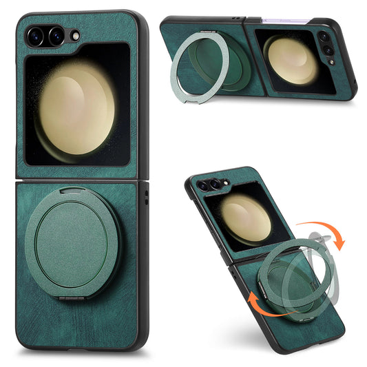 For Samsung Galaxy Z Flip5 5G Phone Case with Rotating Kickstand Stress Relief Retro Leather Back Cover