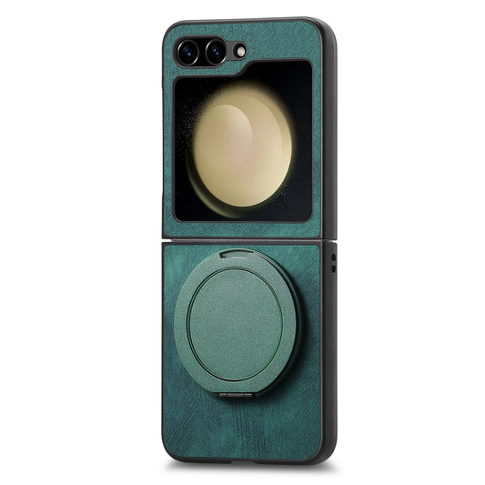 For Samsung Galaxy Z Flip5 5G Phone Case with Rotating Kickstand Stress Relief Retro Leather Back Cover