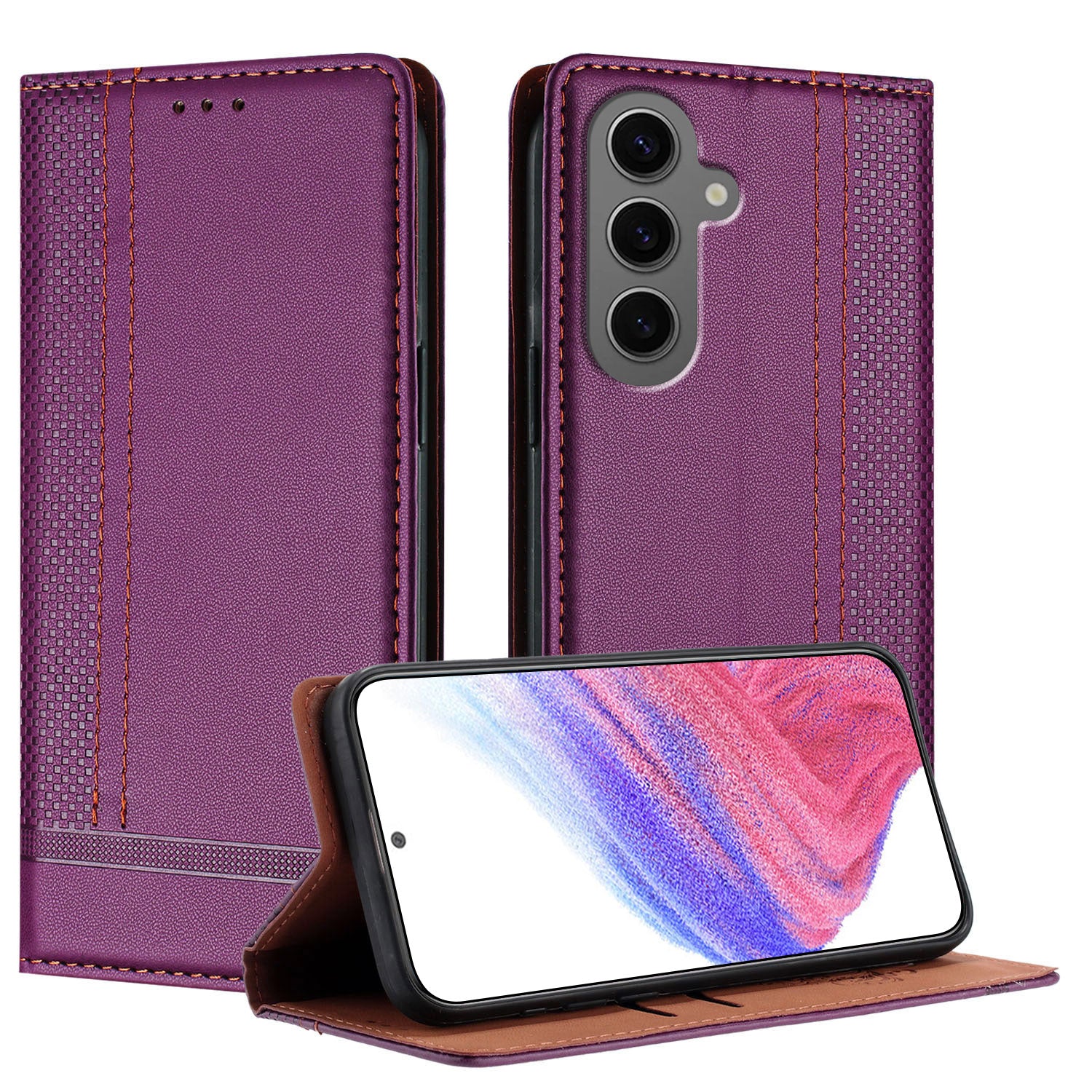 För Samsung Galaxy S24+ Fodral L-format rutmönster i läderställ Telefonfodral med kortplats