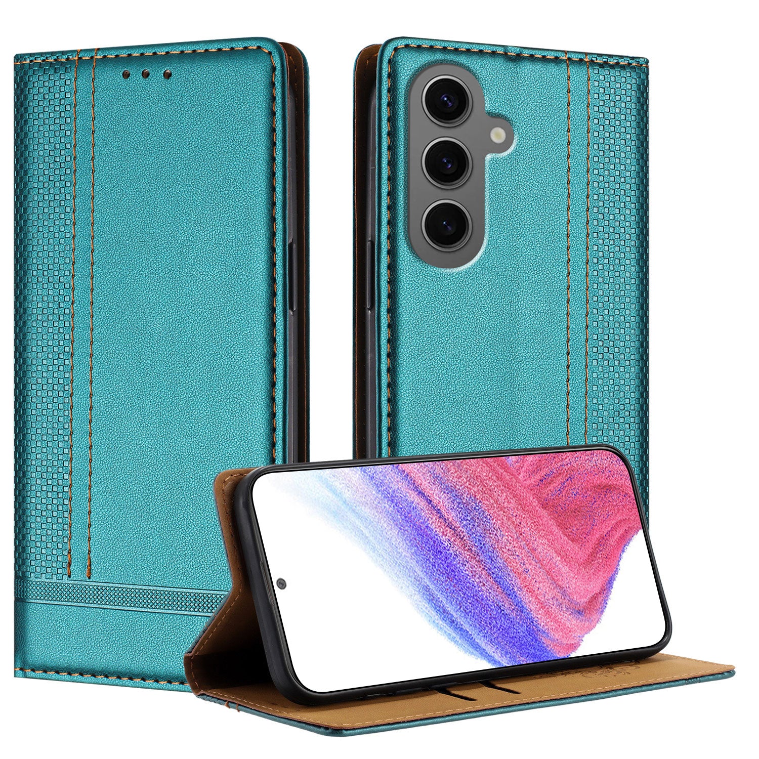 För Samsung Galaxy S24+ Fodral L-format rutmönster i läderställ Telefonfodral med kortplats