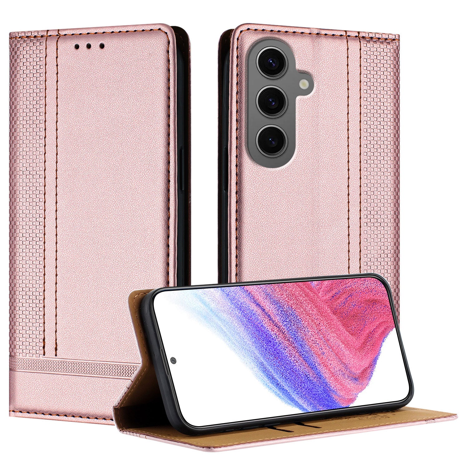 För Samsung Galaxy S24+ Fodral L-format rutmönster i läderställ Telefonfodral med kortplats