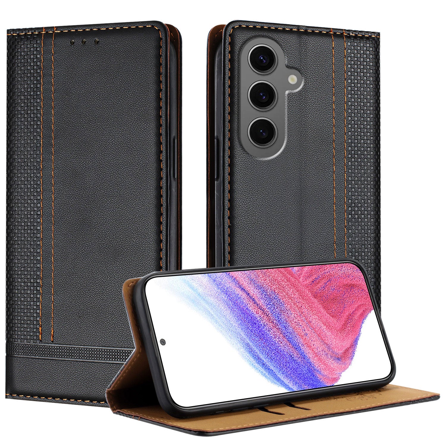 För Samsung Galaxy S24+ Fodral L-format rutmönster i läderställ Telefonfodral med kortplats