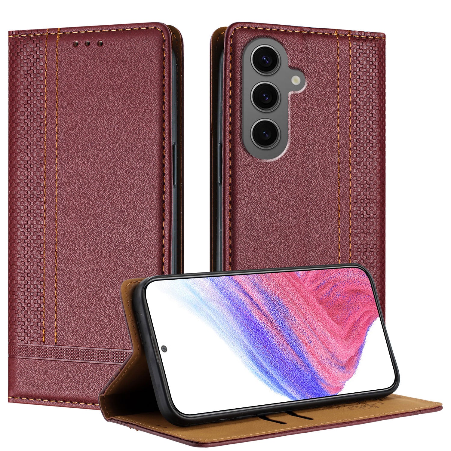 För Samsung Galaxy S24+ Fodral L-format rutmönster i läderställ Telefonfodral med kortplats