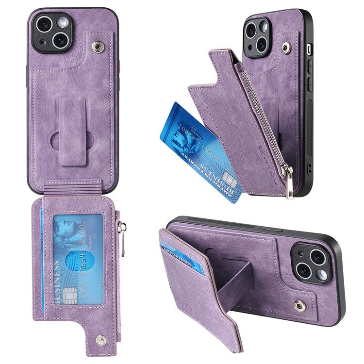 För iPhone 14 Fodral Dragkedja Korthållare Kickstand Läder + PC + TPU telefonskal