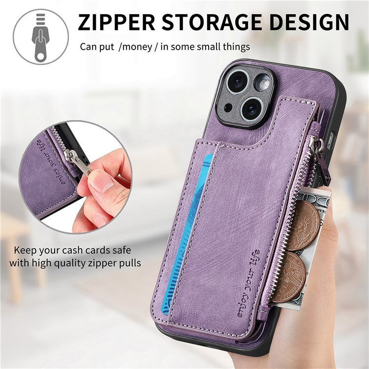För iPhone 14 Fodral Dragkedja Korthållare Kickstand Läder + PC + TPU telefonskal