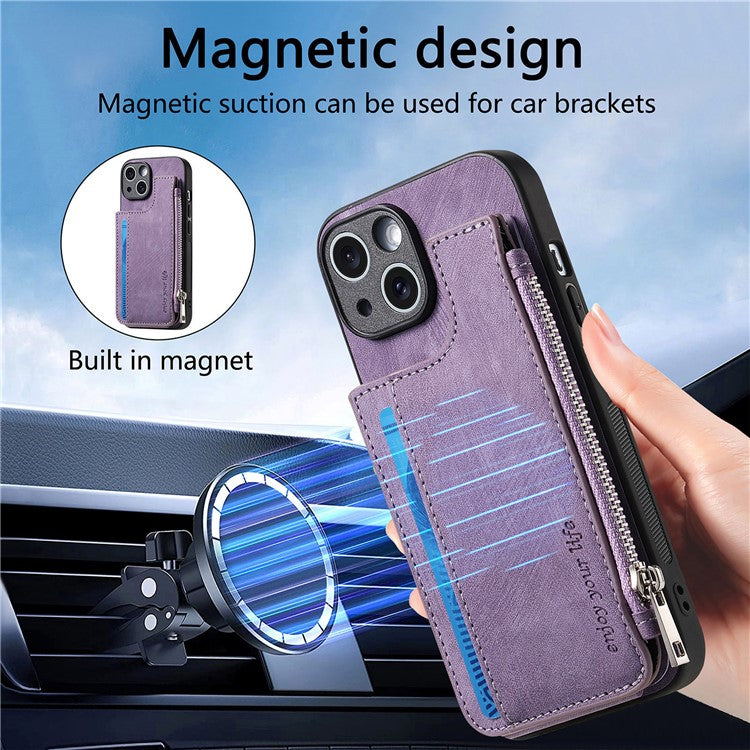 För iPhone 14 Fodral Dragkedja Korthållare Kickstand Läder + PC + TPU telefonskal