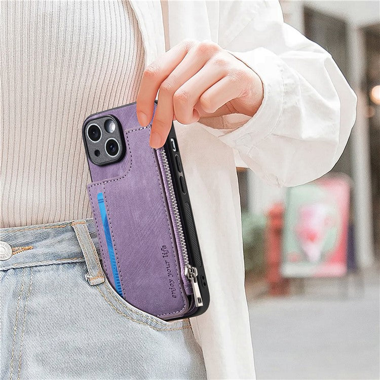 För iPhone 14 Fodral Dragkedja Korthållare Kickstand Läder + PC + TPU telefonskal
