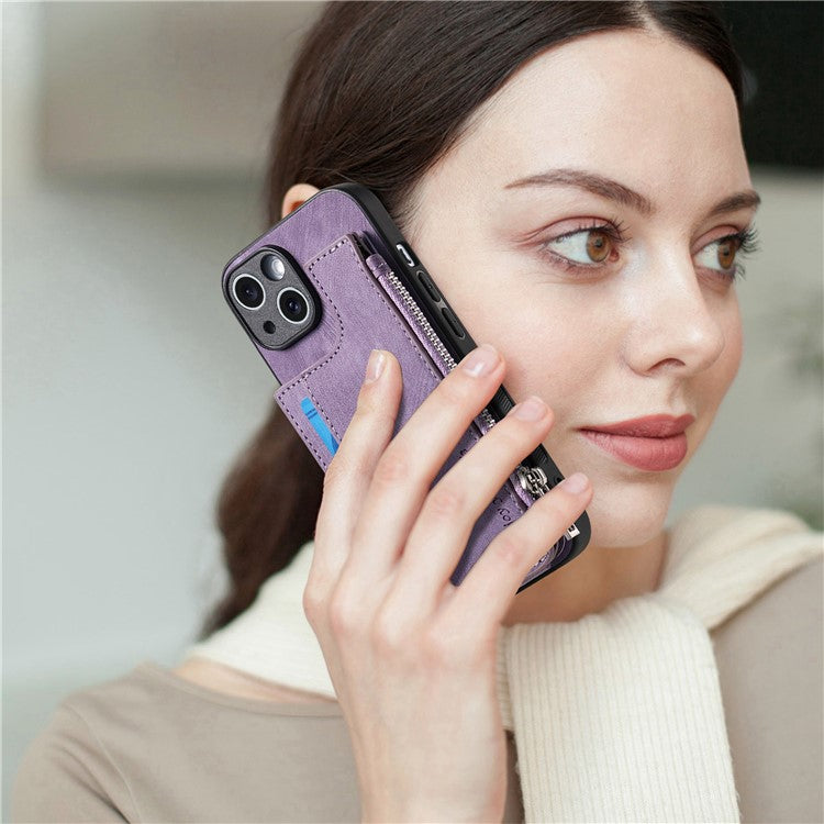För iPhone 14 Fodral Dragkedja Korthållare Kickstand Läder + PC + TPU telefonskal