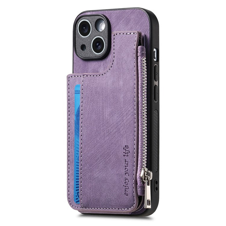 För iPhone 14 Fodral Dragkedja Korthållare Kickstand Läder + PC + TPU telefonskal