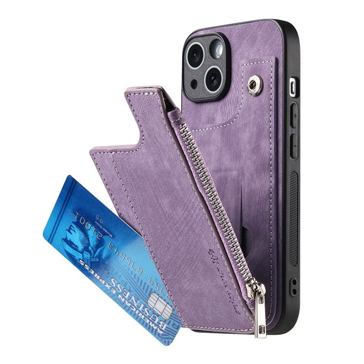 För iPhone 14 Fodral Dragkedja Korthållare Kickstand Läder + PC + TPU telefonskal
