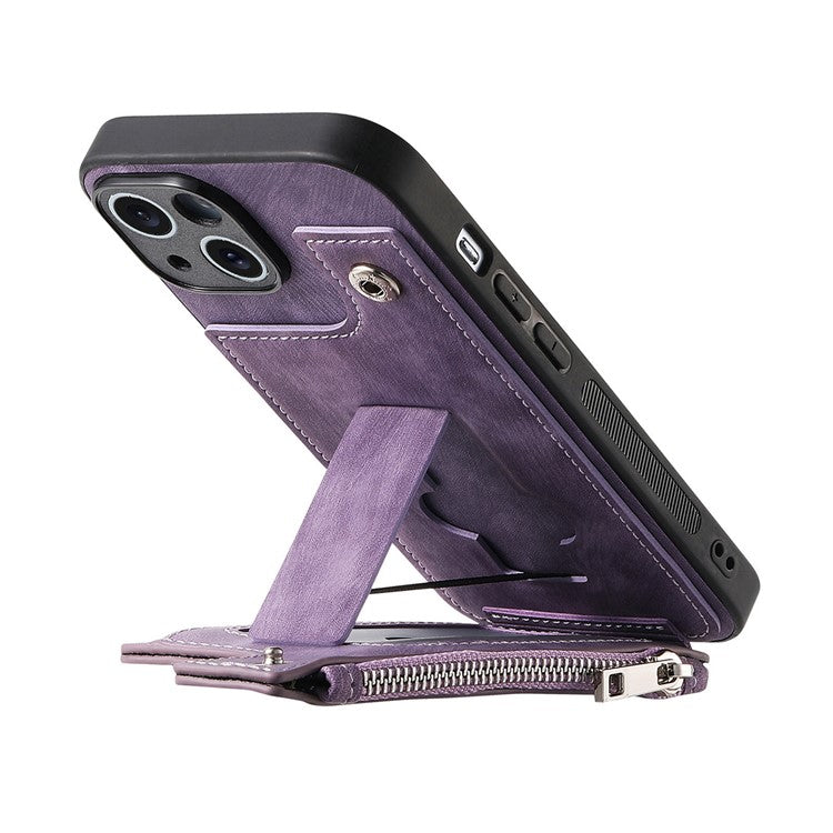 För iPhone 14 Fodral Dragkedja Korthållare Kickstand Läder + PC + TPU telefonskal