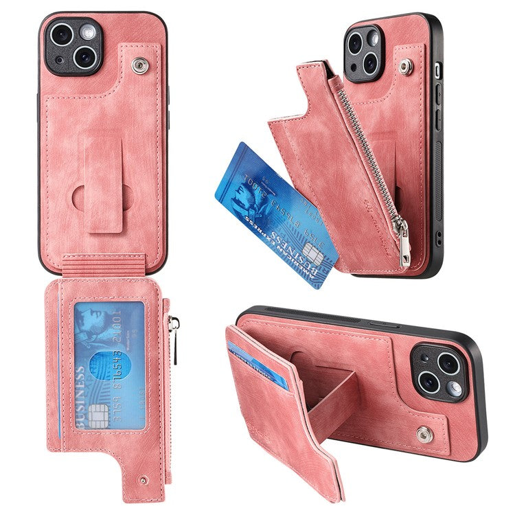 För iPhone 14 Fodral Dragkedja Korthållare Kickstand Läder + PC + TPU telefonskal