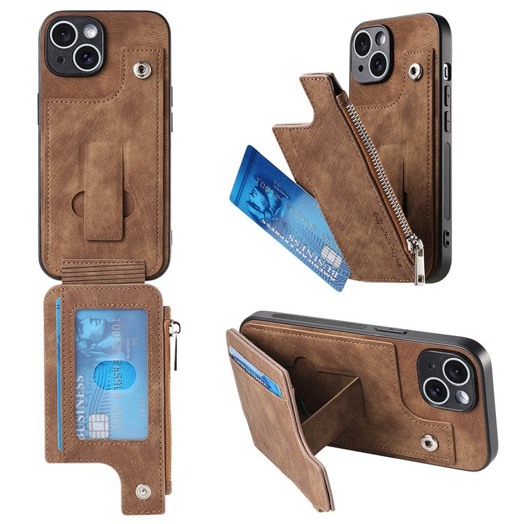 För iPhone 14 Fodral Dragkedja Korthållare Kickstand Läder + PC + TPU telefonskal