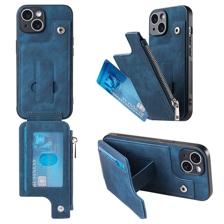 För iPhone 14 Fodral Dragkedja Korthållare Kickstand Läder + PC + TPU telefonskal