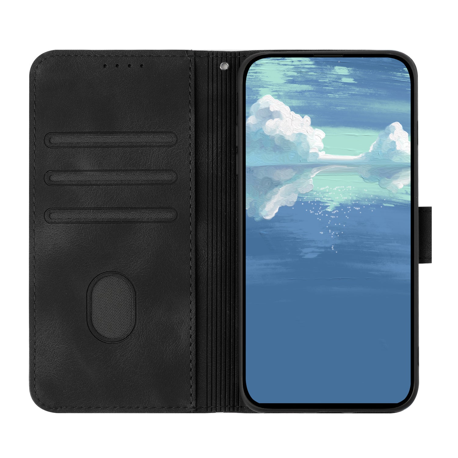 För iPhone 16 Plus plånboksfodral Line Imprinted PU Leather