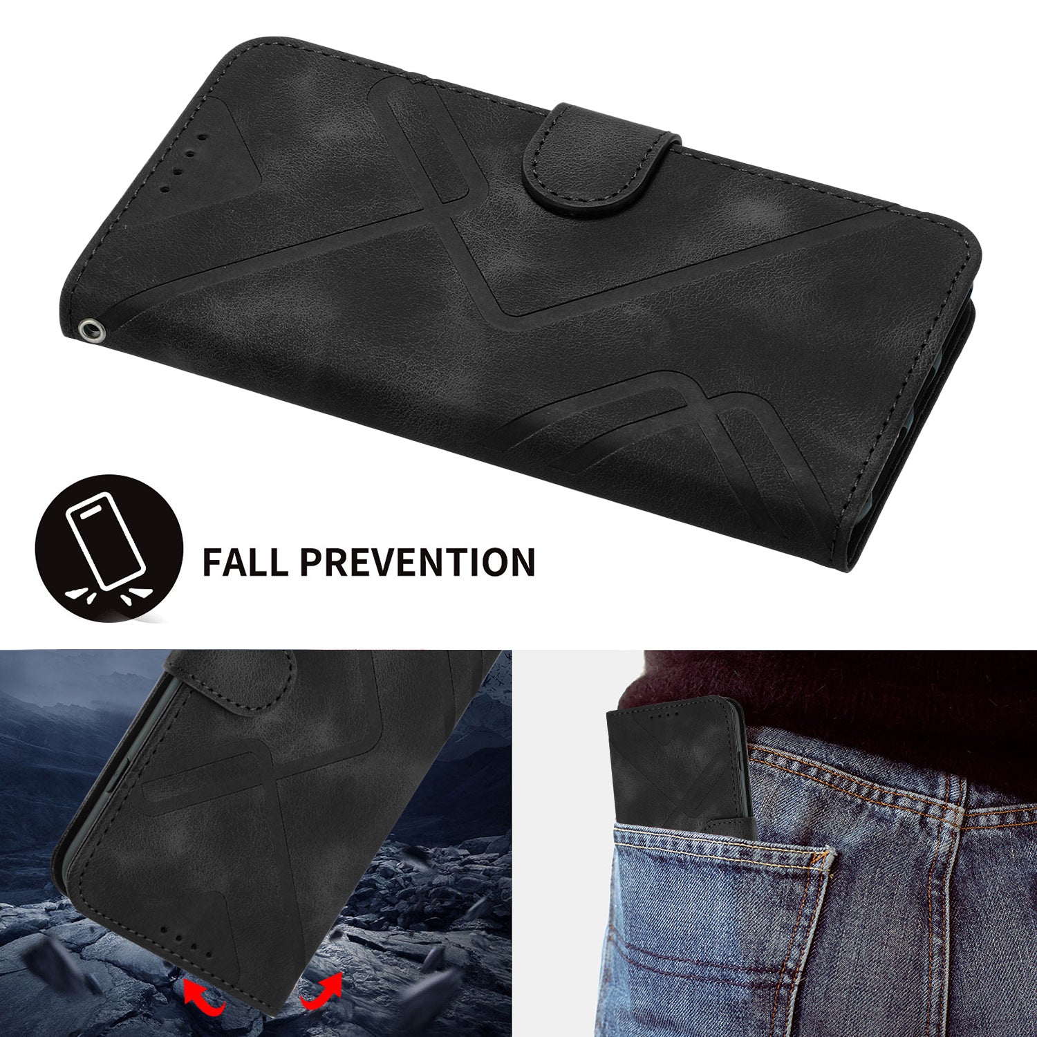 För iPhone 16 Plus plånboksfodral Line Imprinted PU Leather
