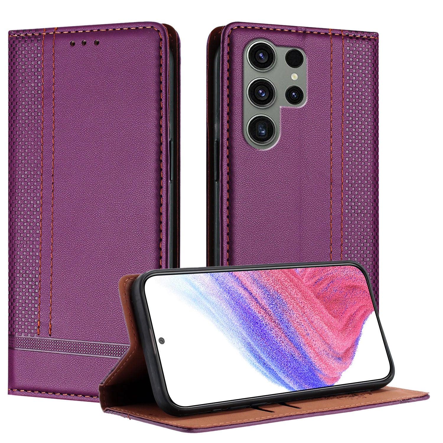 For Samsung Galaxy S23 Ultra Case L-Shaped Grid Pattern Leather Stand Phone Cover with Card Slots