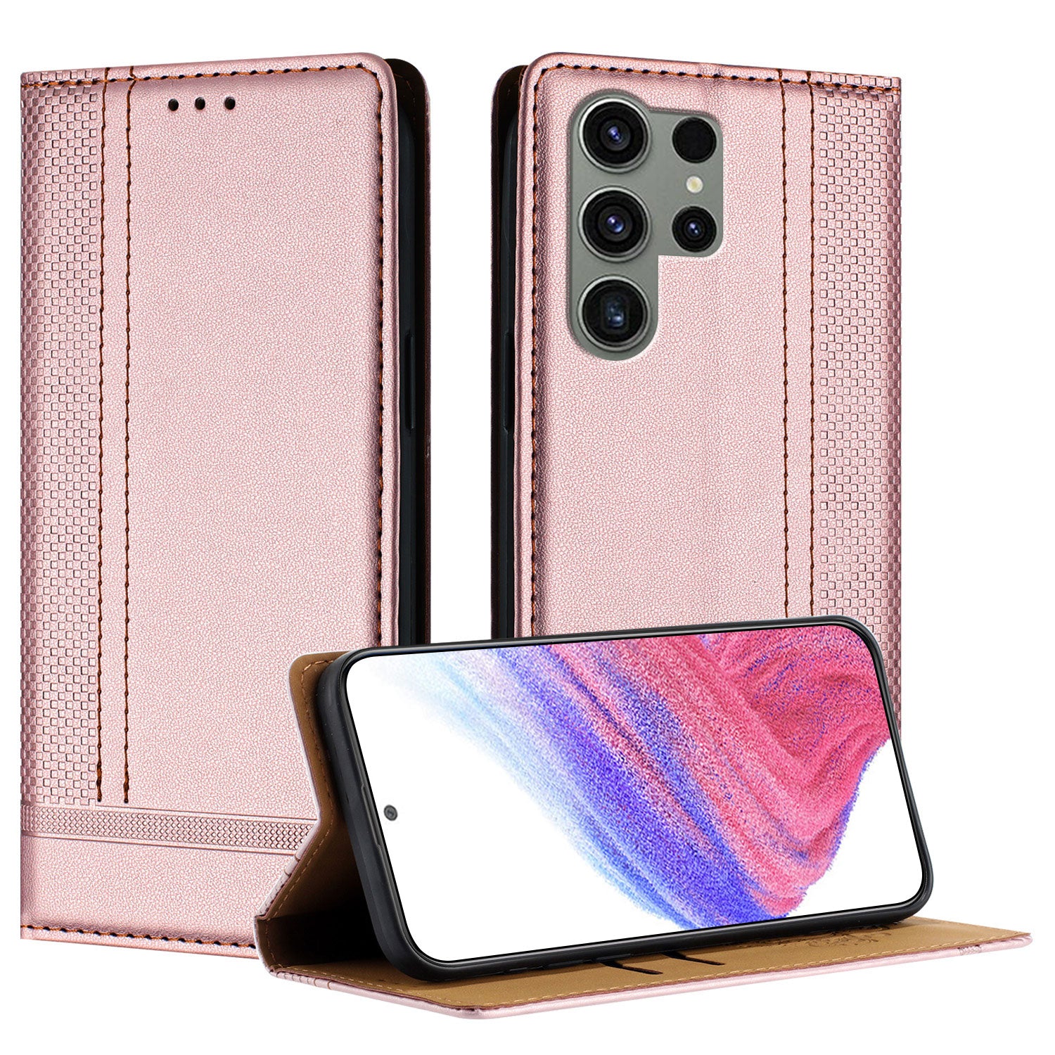 For Samsung Galaxy S23 Ultra Case L-Shaped Grid Pattern Leather Stand Phone Cover with Card Slots