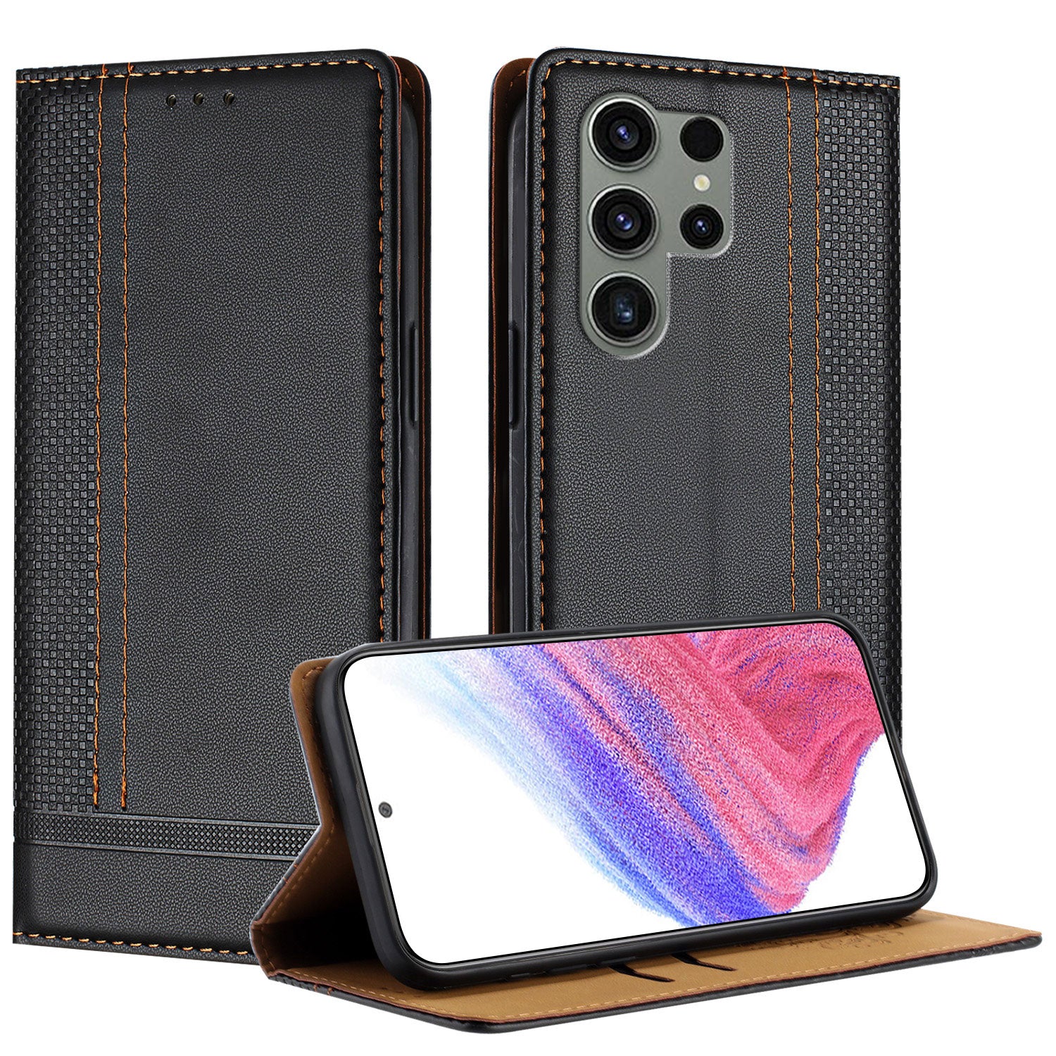 For Samsung Galaxy S23 Ultra Case L-Shaped Grid Pattern Leather Stand Phone Cover with Card Slots
