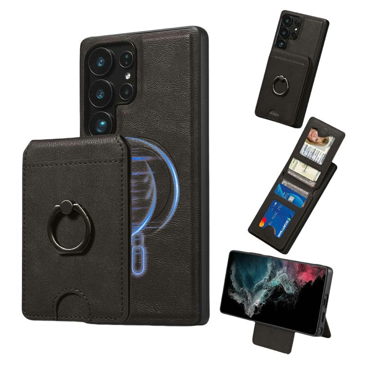 För Samsung Galaxy S24 Ultra Magnetic Case PC + PU-telefon bakstycke med avtagbar korthållare