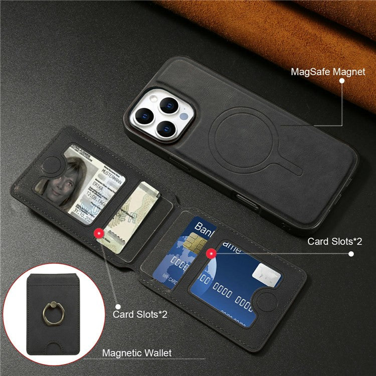För iPhone 14 Pro Max Magnetic Case PC + PU-telefon bakstycke med avtagbar korthållare