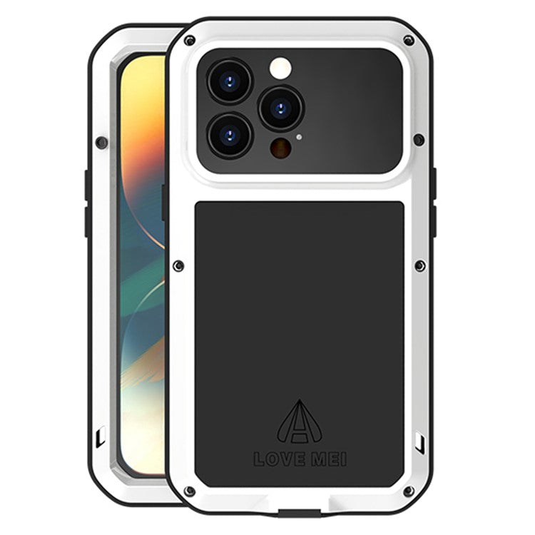 LOVE MEI för iPhone 14 Pro Silikon + Stötsäkert metallfodral Stänksäkert telefonskal med skärmskydd i härdat glas