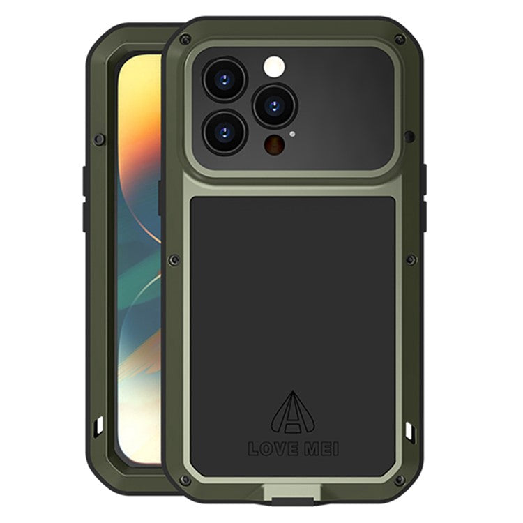 LOVE MEI för iPhone 14 Pro Silikon + Stötsäkert metallfodral Stänksäkert telefonskal med skärmskydd i härdat glas