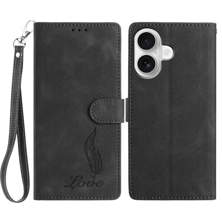För iPhone 16 fodral med tryckt fjäder PU läder plånbok telefonfodral med handledsrem