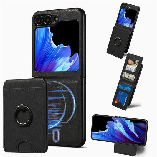 För Samsung Galaxy Z Flip6 5G magnetfodral PC + PU-telefon bakstycke med avtagbar korthållare
