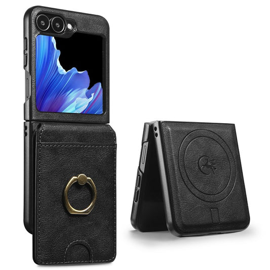 För Samsung Galaxy Z Flip6 5G magnetfodral PC + PU-telefon bakstycke med avtagbar korthållare
